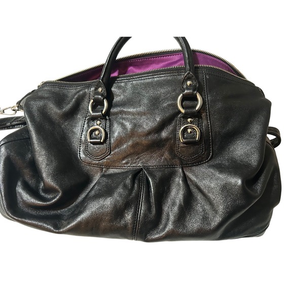 Coach Ashley Satchel Black Leather Shoulder Bag F15447 Purple Lining - Picture 10 of 10